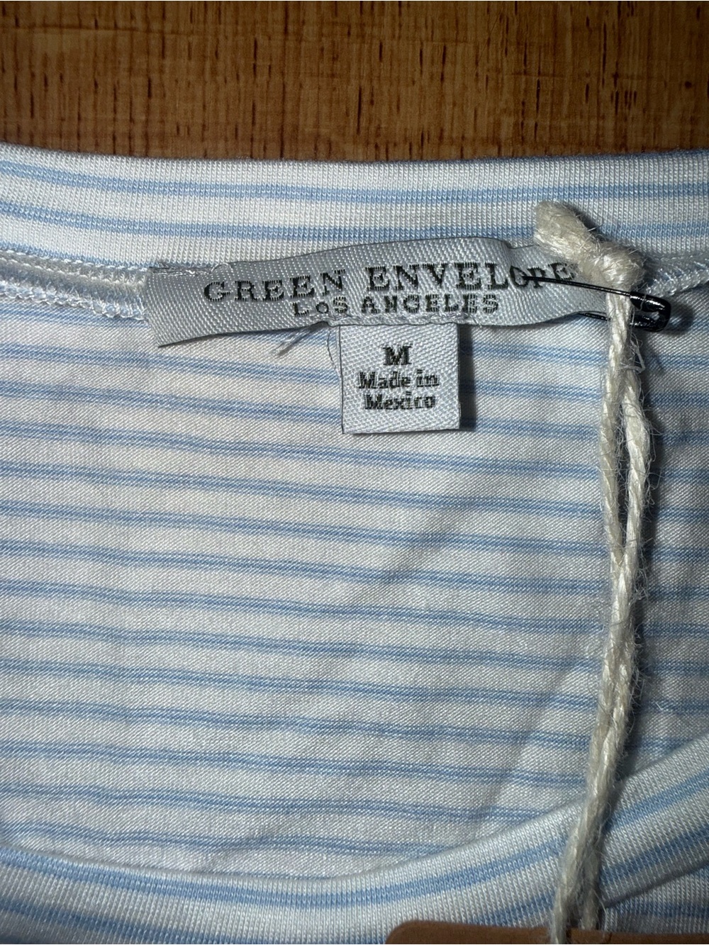White Short Sleeve Crewneck Top with Light Blue & Gray Stripes - Picture 2 of 2